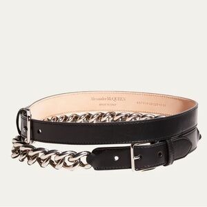 Alexander McQueen Black and Silver Chain Leather Belt NEW 34in, 86cm